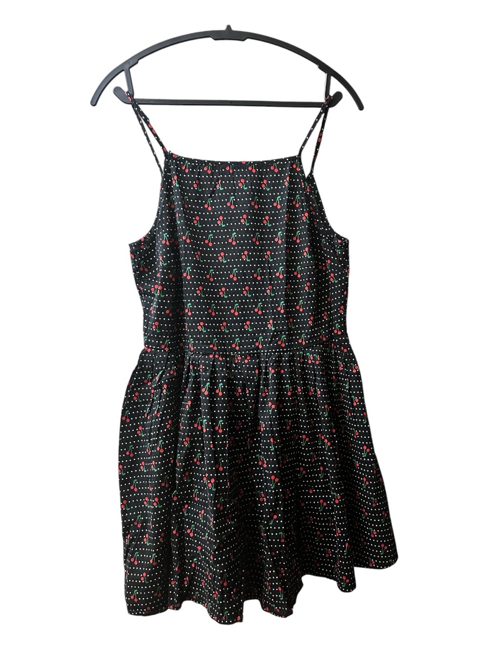 Cherry Print Polka Dot Mini Dress Rockabilly Pinup Fit Flare Black L